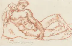 Aristide Maillol, Homme couché“. Vor 1916, Rötel und schwarze Kreide auf Bütten. Auf Papier, dann auf Karton aufgezogen
