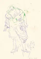 Neo Rauch, Ohne Titel, 2004, Kugelschreiber in Blau und Farbkreide auf festem Papier