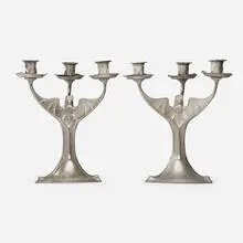 Hugo Leven, Two Art Nouveau candelabra, Kayserzinn