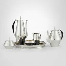 John Prip, Diamond coffee and tea service, c. 1958, sterling silver, plastic, laminate