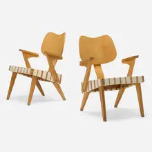 Russell Spanner, Ruspan armchairs, pair, 1950, birch, birch plywood, canvas strapping