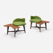 Stools, pair by attribution Gustavo and Vito Latis, c. 1955, walnut, walnut plywood, upholstery, sold Apr 2024
