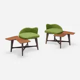 Stools, pair by attribution Gustavo and Vito Latis, c. 1955, walnut, walnut plywood, upholstery, sold Apr 2024