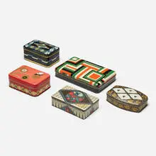Emanuel Josef Margold, Collection of five cookie tins, c. 1915, lithographic transfer-printed steel