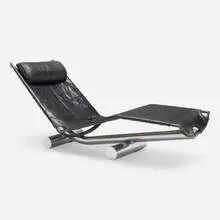 Chariot chaise longue by Paul Tuttle, 1972, leather, chrome-plated steel, enameled steel, sold Apr 2024