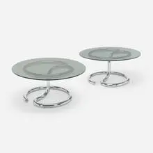 Anaconda tables, pair by Paul Tuttle, 1971, chrome-plated steel, glass, sold Apr 2024