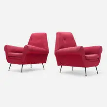 Gigi Radice, Armchairs, pair, c. 1955, upholstery, lacquered steel, brass
