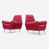 Armchairs, pair by Gigi Radice, c. 1955, upholstery, lacquered steel, brass, sold Apr 2024