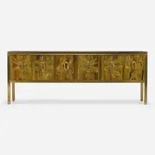 Cabinet by Bernhard Rohne, c. 1980, acid-etched, patinated, and enameled bronze, gilt wood, sold Apr 2024