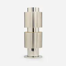 Table lamp by Willy Rizzo, c. 1965, chrome-plated, brushed, and enameled stainless steel, sold Apr 2024