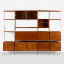 Hugh Acton, Rare shelving system, c. 1960, walnut, aluminum, glass, enameled steel, laminate