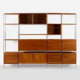 Hugh Acton, Rare shelving system, c. 1960, walnut, aluminum, glass, enameled steel, laminate