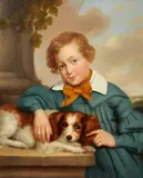 German School, Portrait of a boy with a dog, oil on canvas