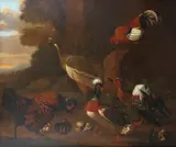 Melchior de Hondecoeter, A peacock, cockerels, ducks and ducklings in a landscape, oil on canvas