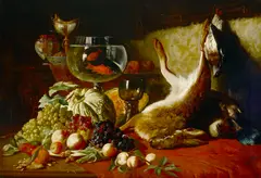 Lucas Victor Schaefels, A still life with fruit, goldfish and dead hare, oil on canvas