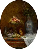 A still life with a hot chocolate pot, a basket of plums, a compote holding grapes and peaches, a plate of nuts, a squirrel and a Chinese vase by Louise Mercier, oil on canvas (oval), sold Nov 2016