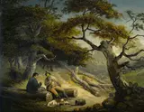 George Morland, A landscape with two figures resting after clearing trees, oil on canvas