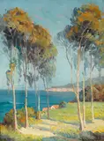 Kathryn W. Leighton, Laguna Bay from Arch Beach, oil on masonite