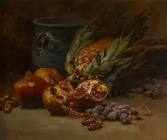 Henri Saintin, A still life with pomegranates and pineapple, oil on canvas