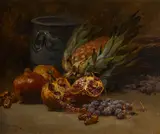 Henri Saintin, A still life with pomegranates and pineapple, oil on canvas
