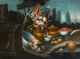 Continental School, Still life of vase of flowers in capriccio landscape, oil on canvas