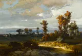 Jules Dupré, An extensive landscape with a path, oil on panel