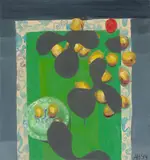 Anton Henning, Modernes Stilleben mit modernen Früchten, 1994, Öl auf Leinwand, mit Künstlerleiste