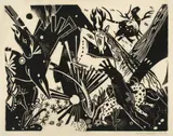 Komposition mit Pferd, Reh und Hirsch by Heinrich Campendonk, 1916, Holzschnitt auf dünnem Japanbütten, sold Nov 2012