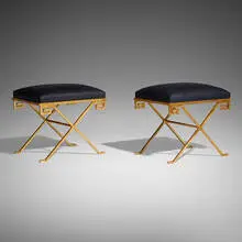 Tabourets, pair by Jean-Michel Frank, c. 1938, leather, gilt iron, sold Mar 2024