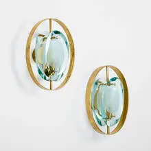Max Ingrand, Sconces model 2240, pair, c. 1957, sandblasted, cut, and polished glass, brass