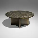 Eternal Forest coffee table by Philip and Kelvin Laverne, c. 1965, acid-etched and enameled brass, pewter, sold Mar 2024