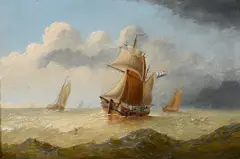 A brig on the high seas; Sailing ships in the harbor at twilight (a pair) by Thomas Lucop, both oil on panel, sold Nov 2016