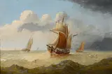 Thomas Lucop, A brig on the high seas; Sailing ships in the harbor at twilight (a pair), both oil on panel