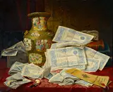 Une nature morte, joie et triste (An elaborate still life with pistols, a vase, and currency) by Sirvent, oil on canvas, sold Nov 2016