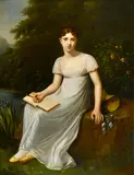 French School, A portrait of an elegant lady seated in a garden with a book, oil on canvas