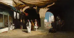 A view of a North African courtyard with market beyond by Henri van Wijk, oil on panel, sold Nov 2016