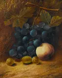 William Mason Brown, A still life with grapes, figs, and peach, oil on canvas affixed to board