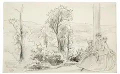 Friedrich Preller d. Ä., Landschaft mit Frau und zwei Kindern („Stützerbach Rabenthal“), 1870, Bleistift auf Papier