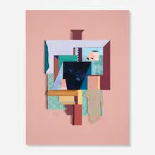 Untitled (Collage) by Michael Graves, 1980, mixed media, printed paper, charcoal, pencil, wood, acrylic, sold Mar 2024