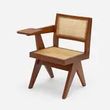 Writing chair from Punjab University, Chandigarh by Pierre Jeanneret, c. 1960, teak, cane, sold Mar 2024