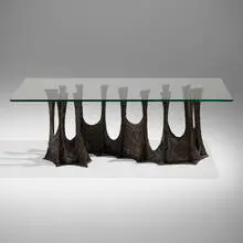 Stalagmite dining table, model PE-102 by Paul Evans, 1970, bronzed resin over steel, glass, sold Mar 2024