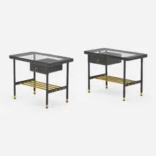 Occasional tables, pair by Jacques Adnet, c. 1950, leatherette, brass, wood, glass, sold Mar 2024