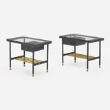 Jacques Adnet, Occasional tables, pair, c. 1950, leatherette, brass, wood, glass