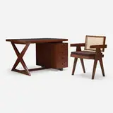 Desk and office chair from Chandigarh by Pierre Jeanneret, teak, leather, cane, upholstery, aluminum, sold Mar 2024