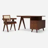 Desk and office chair from Chandigarh by Pierre Jeanneret, teak, cane, upholstery, aluminum, sold Mar 2024