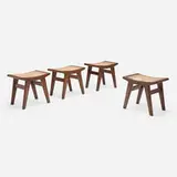 Stools from Chandigarh, set of four by Pierre Jeanneret, c. 1960, teak, cane, upholstery, sold Mar 2024