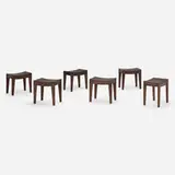 Stools from Chandigarh, set of six by Pierre Jeanneret, c. 1960, teak, upholstery, sold Mar 2024
