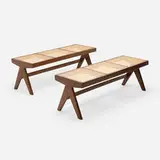 Benches from the M.L.A. Flats building, Chandigarh, pair by Pierre Jeanneret, c. 1956, teak, cane, upholstery, sold Mar 2024