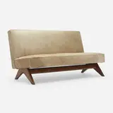 Sofa from Punjab University, Chandigarh by Pierre Jeanneret, 1952-56, teak, hide, sold Mar 2024