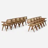 Office Cane chairs from Chandigarh, set of ten by Pierre Jeanneret, c. 1960, teak, cane, upholstery, sold Mar 2024